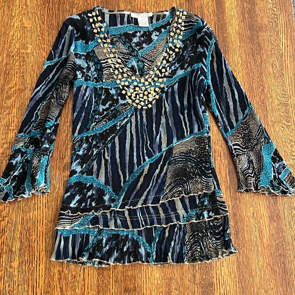 Alberto Makali SZ S Long Sleeve Crepe Semi Sheer Animal Print Blue Blouse Sequin - Picture 3 of 15
